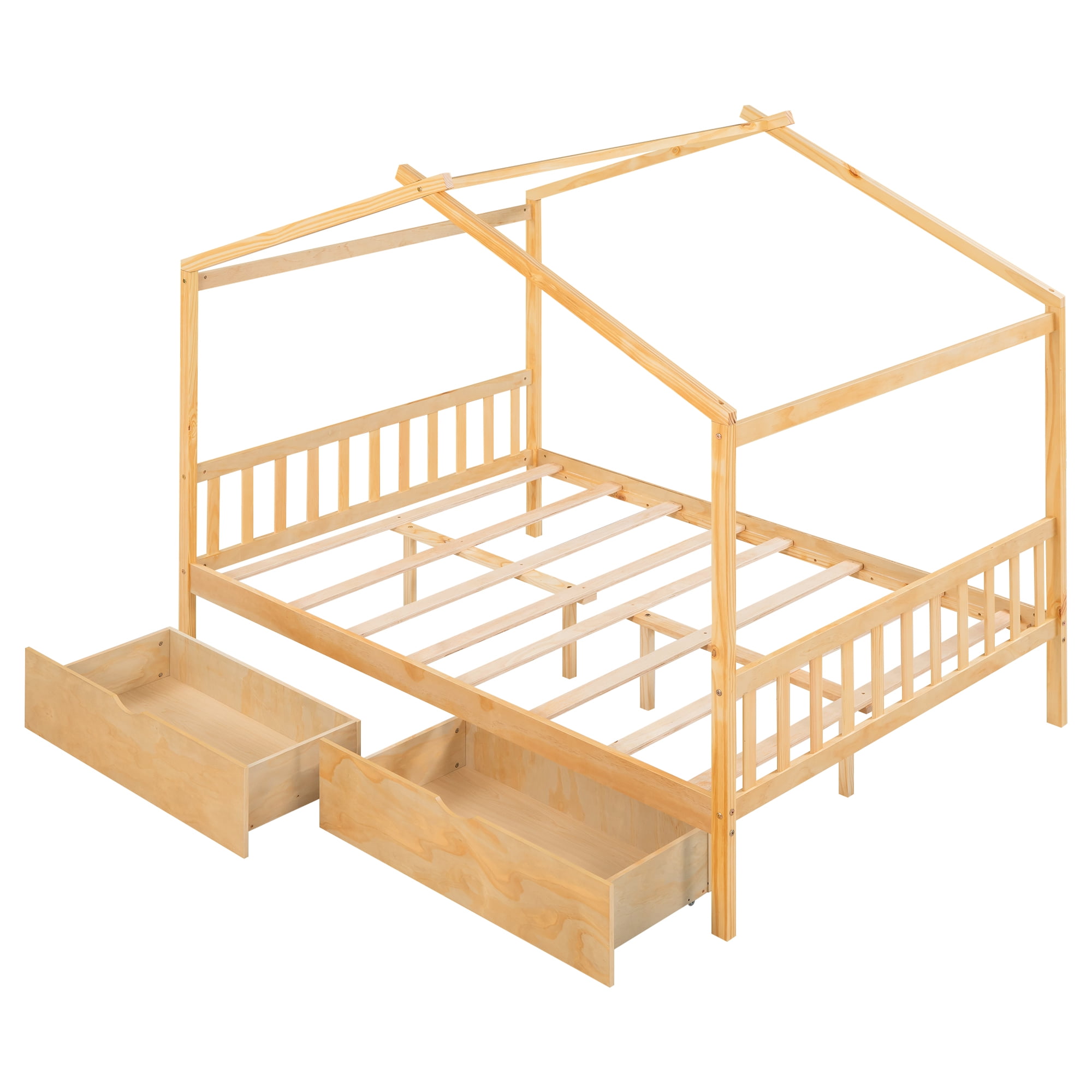 Aukfa Full House Bed with Storage Drawers, Wood Montessori Bed - Oak