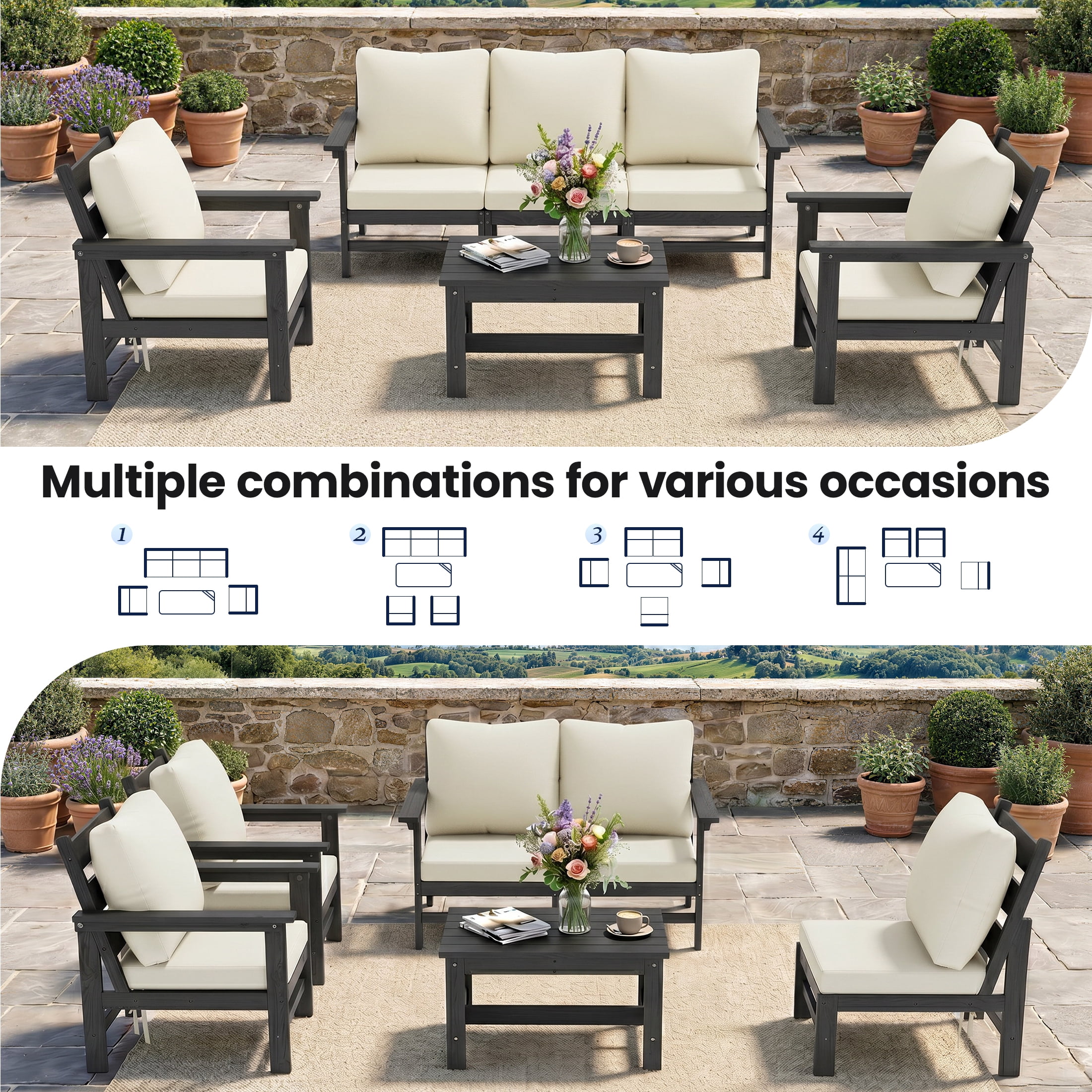 UDPATIO HDPE Patio Conversation Set, 6-Piece Sectional Outdoor Furniture Set, All-Weather Outdoor Couch Set for Deck, Lawn, Grey Frame with Beige Cushion