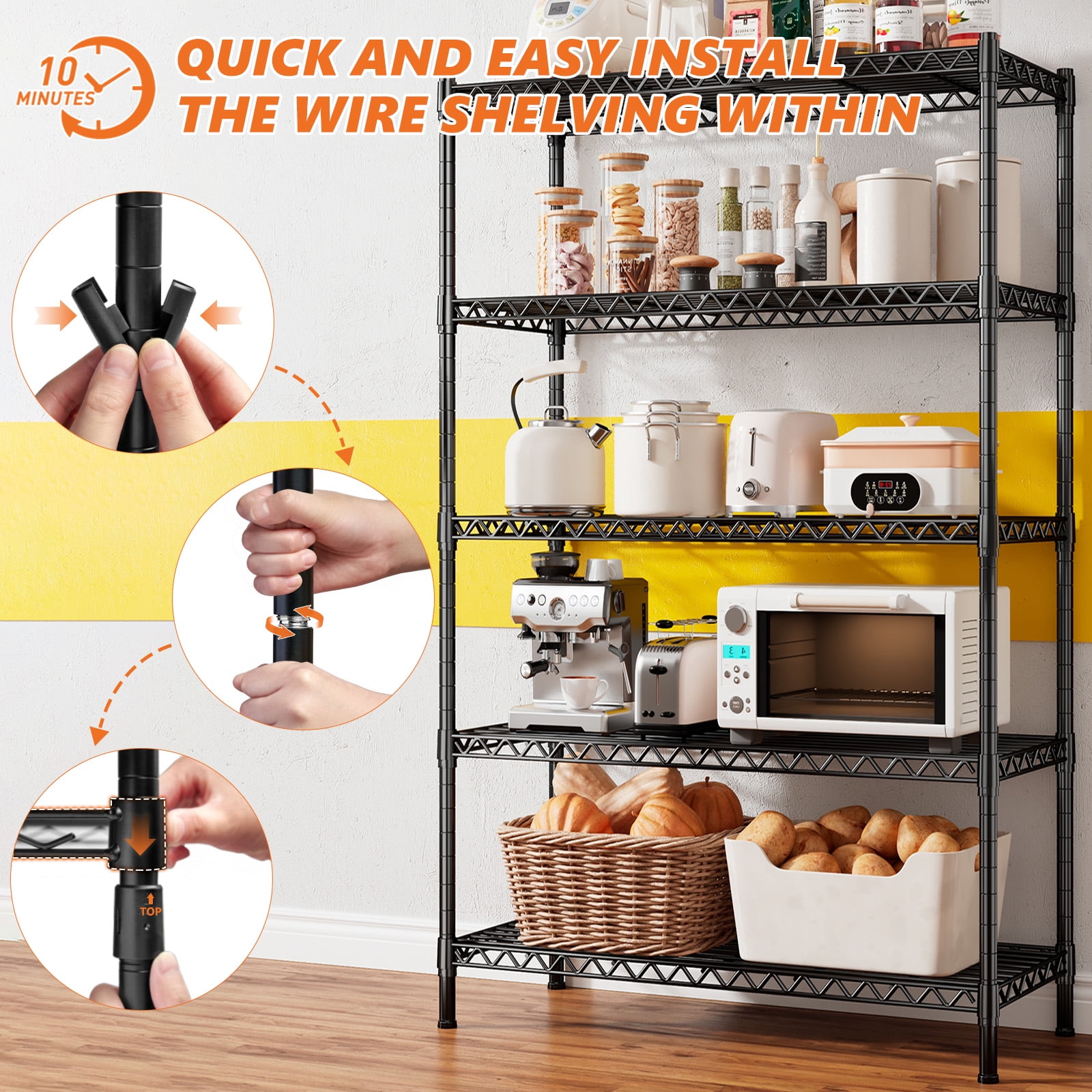 REIBII 73"H Storage Shelves 1650LBS Wire Shelving Unit with Wheels 5 Tier Heavy Duty Metal Shelves for Storage Rack,73"H x 35"W x 15"D