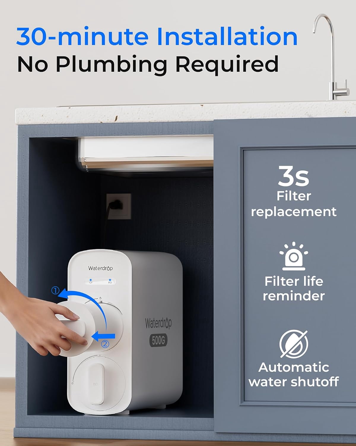 Waterdrop G5P500 Reverse Osmosis System, 500 GPD Tankless RO Water Filter, 7 Stage Filtration, NSF/ANSI 372 Certified, 2:1 Pure to Drain Ratio, Reduces TDS PFAS BPA With Free 1 filter