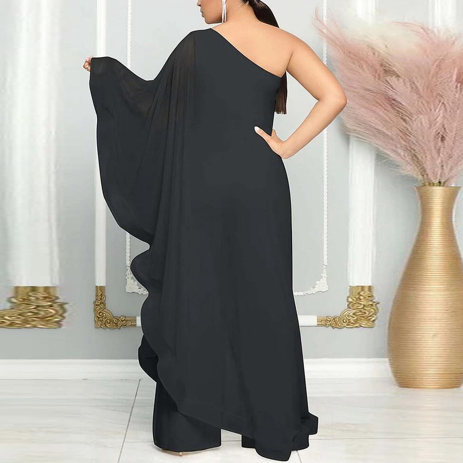 2 Piece Active Sweatsuit Jumpsuits for Women One Shoulder Evening Cocktail Semi Formal Maxi Dress Pants 2 Piece Travel Outfits Set S-111 Black 3XL