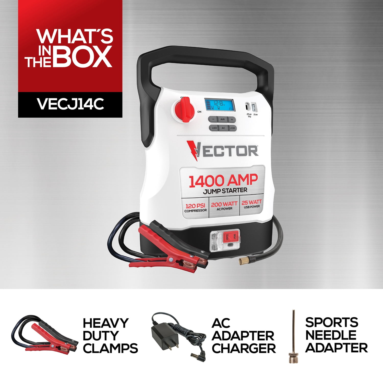 Vector Portable Car Jump Starter, 120-PSI Air Compressor, and USB Power Bank with 1,400-Amp Peak for V8 Cars/Trucks, AC Outlet, Clamps, LED