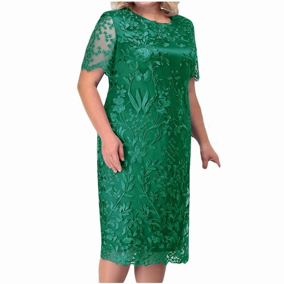 gakvbuo Plus Size Dress For Women Wedding Guest Women's Plus Size Short-Sleeve Dress Spliced Embroidered Lace Cocktail Party