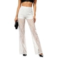 thumbnail image 2 of Fengqque Women Sheer Lace Flare Pants High Elastic Waist Built In Stretch Lining Slim Full Length See Through Layered Trousers White XL, 2 of 7
