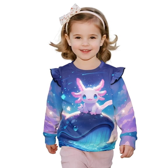 Uorisanigo Girls Sweatshirt Ruffle Long Sleeve Galaxy Whale Axolotl Pullover Sweater Tops Oversized Shirts Sweatshirt Fall Winter Clothes Kids Pullover Hoodies