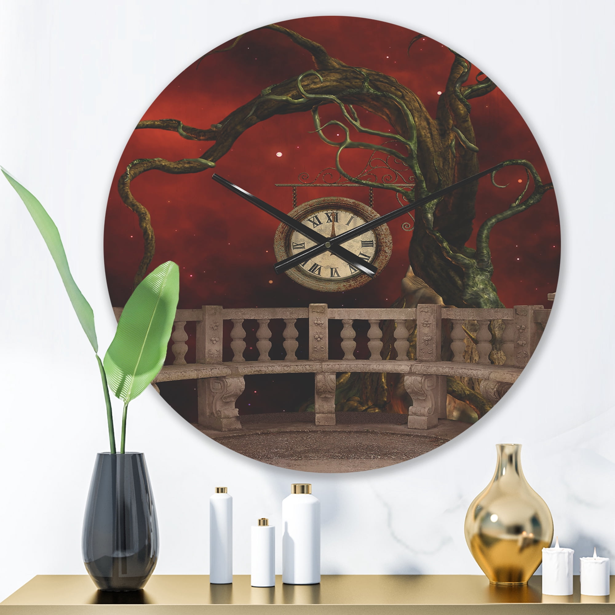 Designart 'Tree Angels and Balcony with Clock' Vintage Wood Wall Clock