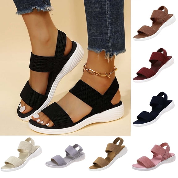 Women Shoes Women's Elastic Knit Strap Wedge Platform Sandals Spring Summer Open Toe Slip On Sandals for Women Wide Width Large Sizes Soft Stretch Breathable Fabric Non Slip Cushioned Insole Comfort