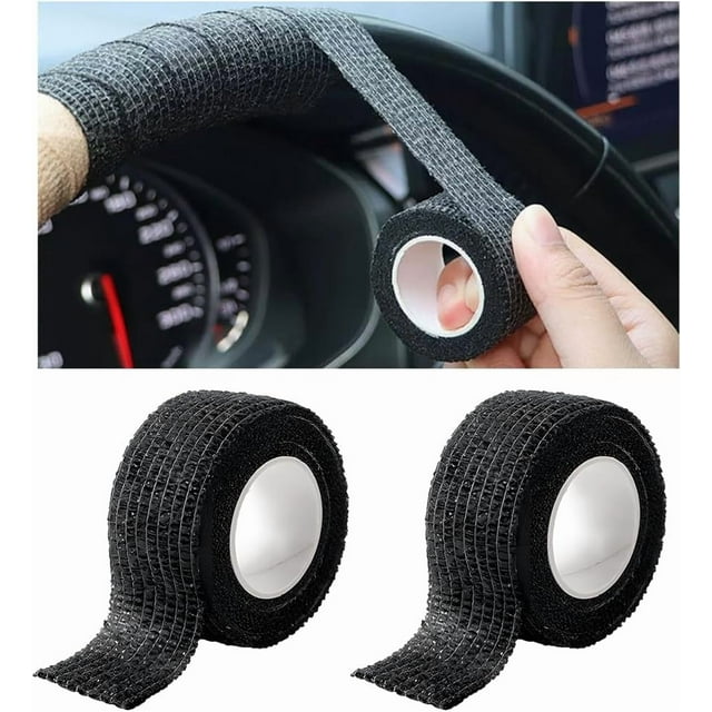 WWS-Car Steering Wheel Cover Tape, 2PCS Non-Slip Sweat Absorbing Vehicles Steering Wheel Wrap Tape, Self Adhesive Automotive Protection Accessories, Universal for SUV, Truck, RV (Black)