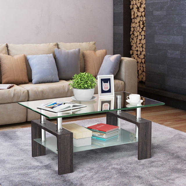 Costway Rectangle Glass Coffee Table Metal Legs End Table Livingroom Black