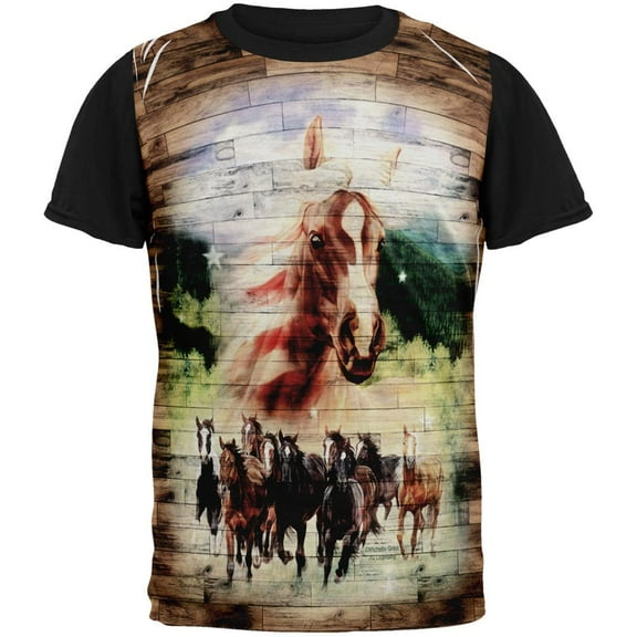 4th of July Wild Horse Mustang Patriot All Over Mens Black Back T Shirt Multi SM