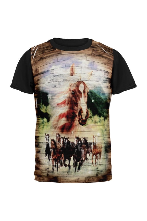 4th of July Wild Horse Mustang Patriot All Over Mens Black Back T Shirt Multi SM