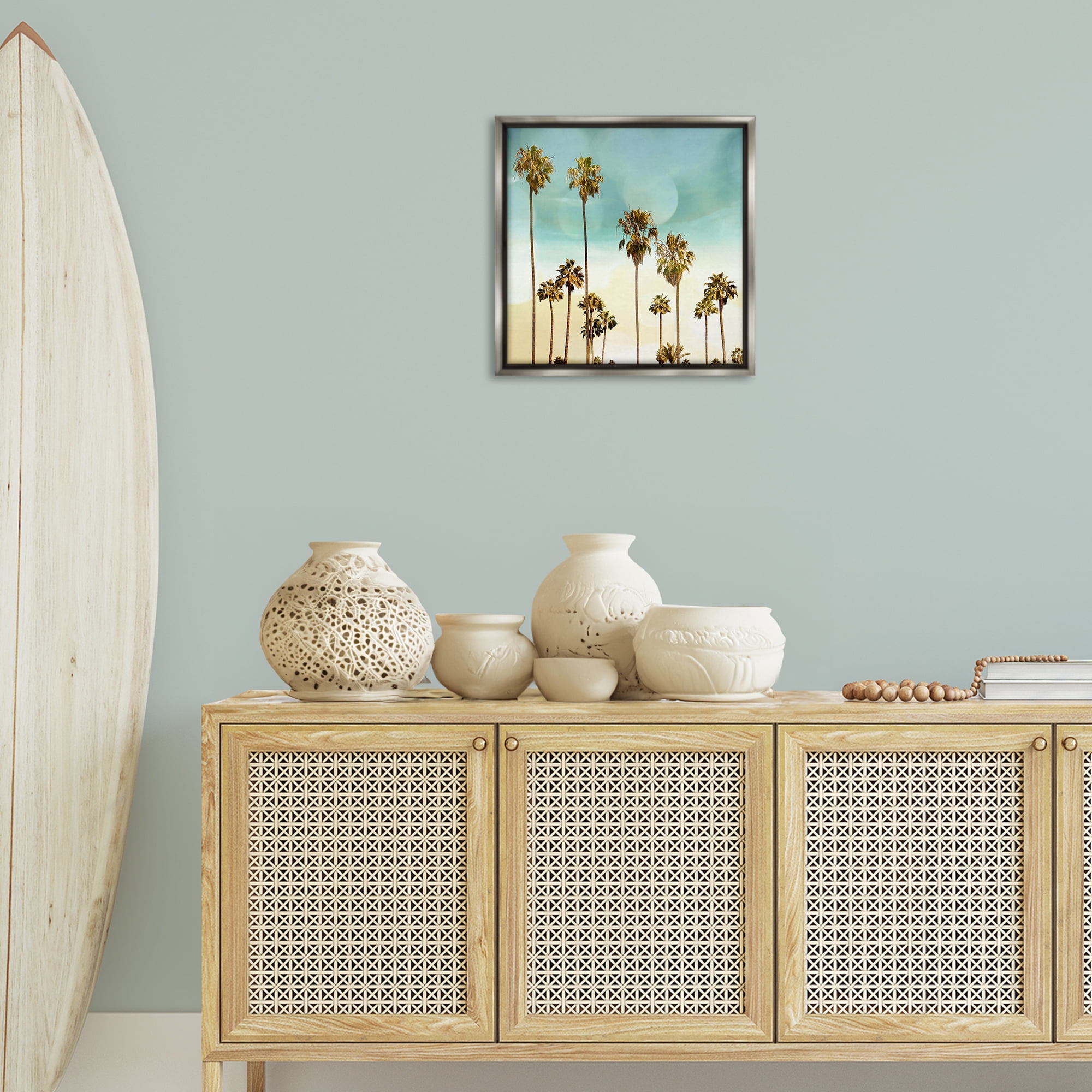 Stupell Industries Palm Tree Beach Sky Nautical & Beach Painting Gray Floater Framed Canvas Art Print Wall Art, 18 x 18