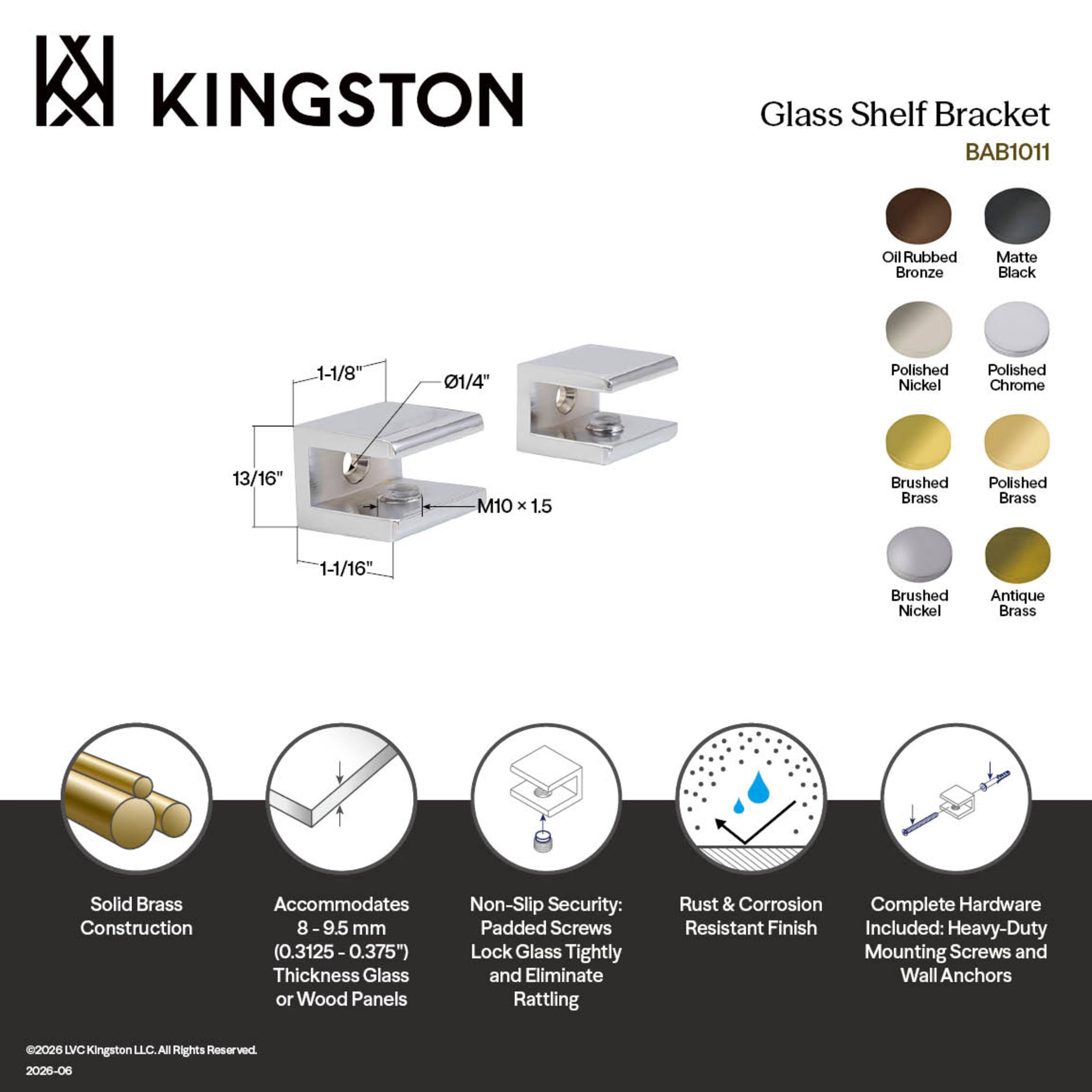 Kingston Brass BAB1016 Levitas Glass Shelf Clamp, Polished Nickel