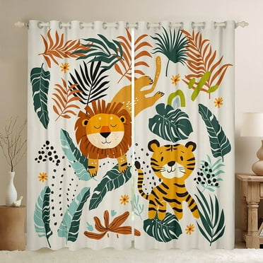 Kawaii Jungle Animals 38"x45" 30%-50% Blackout Curtains, Cartoon Tiger Lion Curtains, Tropical Palm Leaves Darkening Curtains, Cute Wildlife Window Curtains & Drapes, 38"x45" Set of 2 Panels