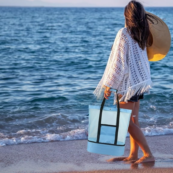 Fwttom Beach Bag - Mesh Beach Bags Waterproof Insulation Cold Bag Beach Tote Dry-Wet Separation Pool Bag with Zipper Pocket for Women Vacation Essentials