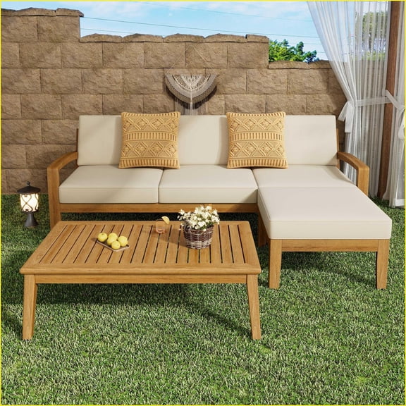 Patio L Shape 3pcs Transitional Sectional Sofa Set | Acacia Wood, Fabric