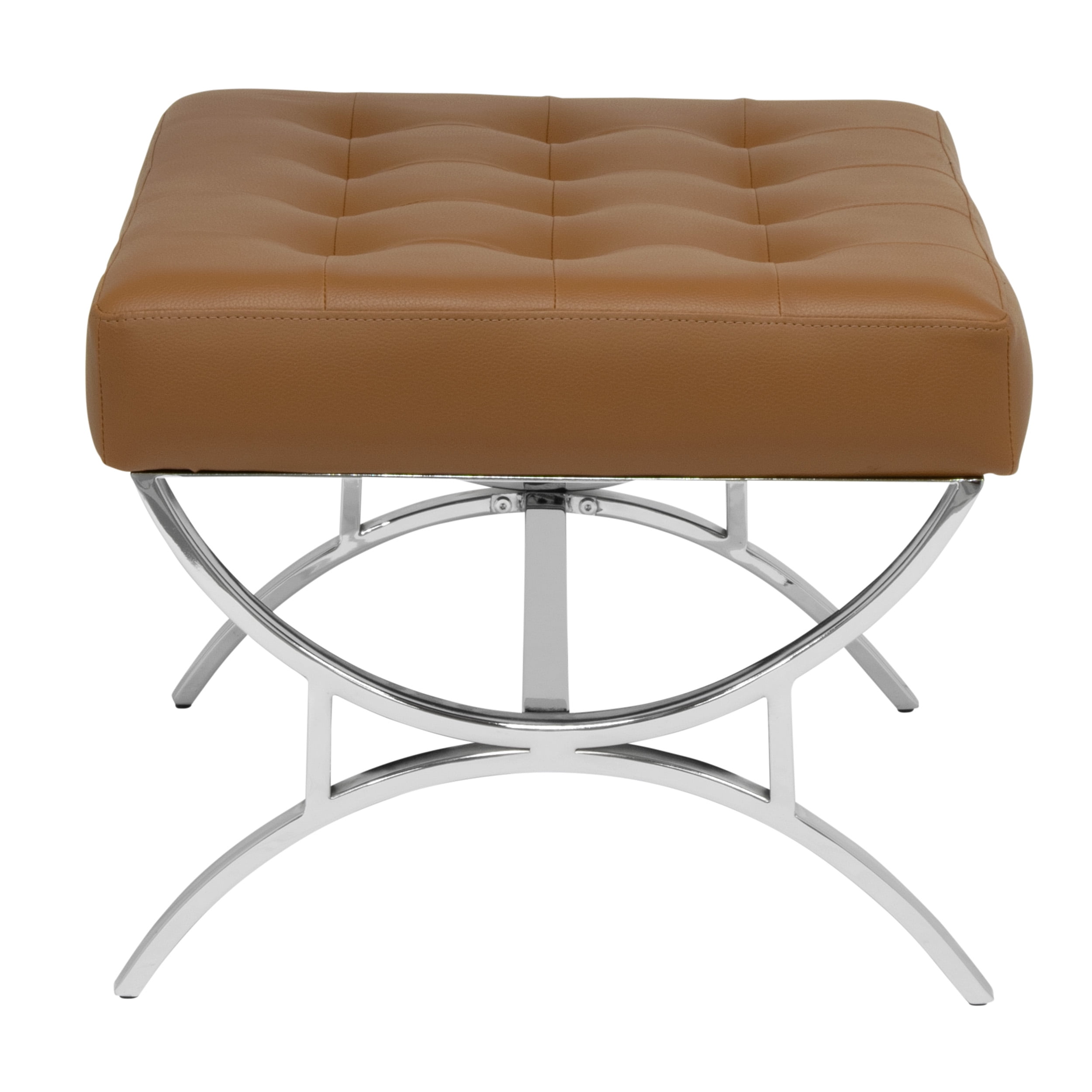 Studio Designs Home Newel Modern Square Ottoman Blended Leather and Chrome Metal Frame in Chrome and Caramel