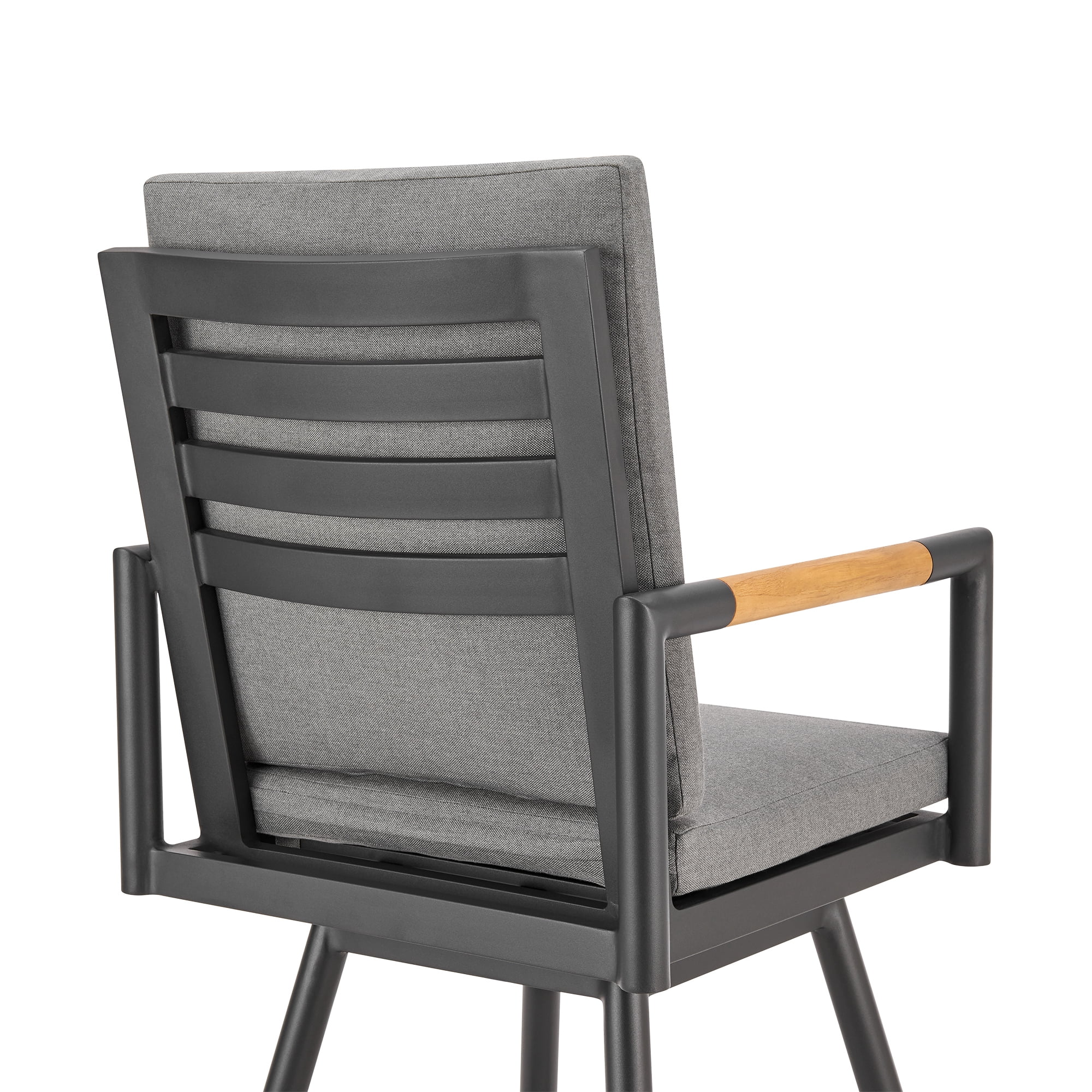 Crown Outdoor Patio Swivel Bar Stool in Black Aluminum with Wood Accent and Dark Gray Cushions - Set of 2