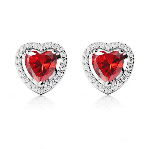 24k White Gold 1 Ct Halo Heart Ruby Stud Earrings Plated by Paris Jewelry