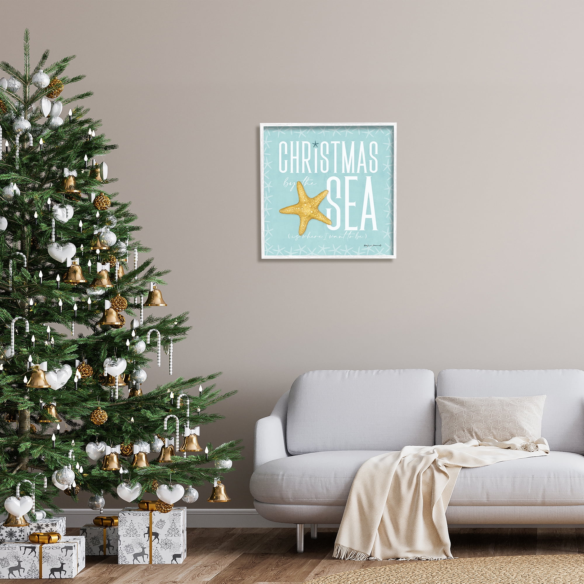 Stupell Industries Christmas By The Sea Turquoise Holiday Painting White Framed Art Print Wall Art