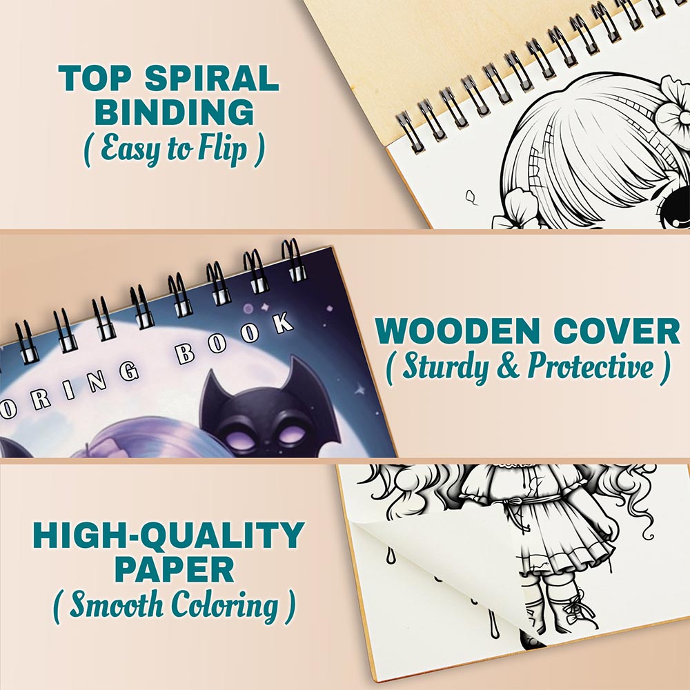 Netecom Creepy Kawaii Chibi Coloring Book Spiral Bound for Adults, A5 Wooden Cover, 30 Cute and Creepy Coloring Pages of Kawaii Nightmares or Stress Relief and Relaxation