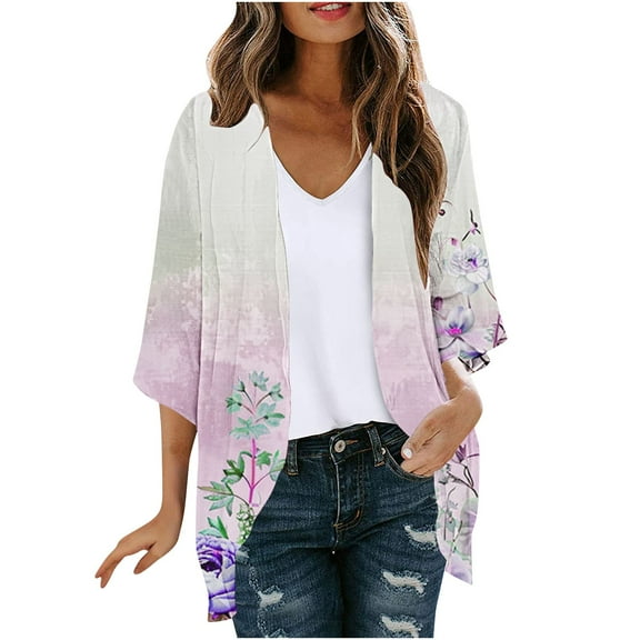 Nmnitkp Cardigan Sweaters for Women Lightweight Womens Blouse Sleeve Cardigan Floral Print Puff Sleeve Kimono Cardigan Loose Cover Up Casual Blouse Tops