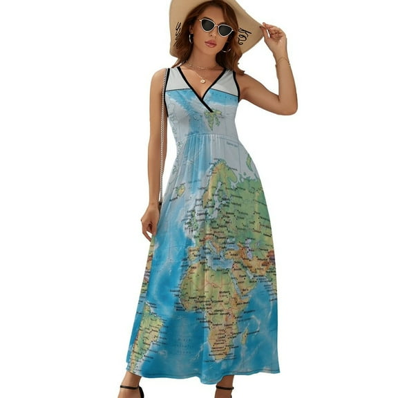 WORLD MAP Dress Summer Street Style Bohemia Long Dresses Female Sleeveless Printed Maxi Dress