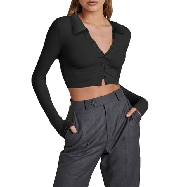 Diconna Women Crop Ribbed Tops Solid Color Long Sleeve Basic Shirt Casual Button Cardigan for Club Streetwear