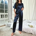thumbnail image 2 of AOMPMSDX Womens Satin Silky Pajama Set Short Sleeve Shirt With Long Pajama Pant Set Soft PJ Loungewear Navy M, 2 of 7