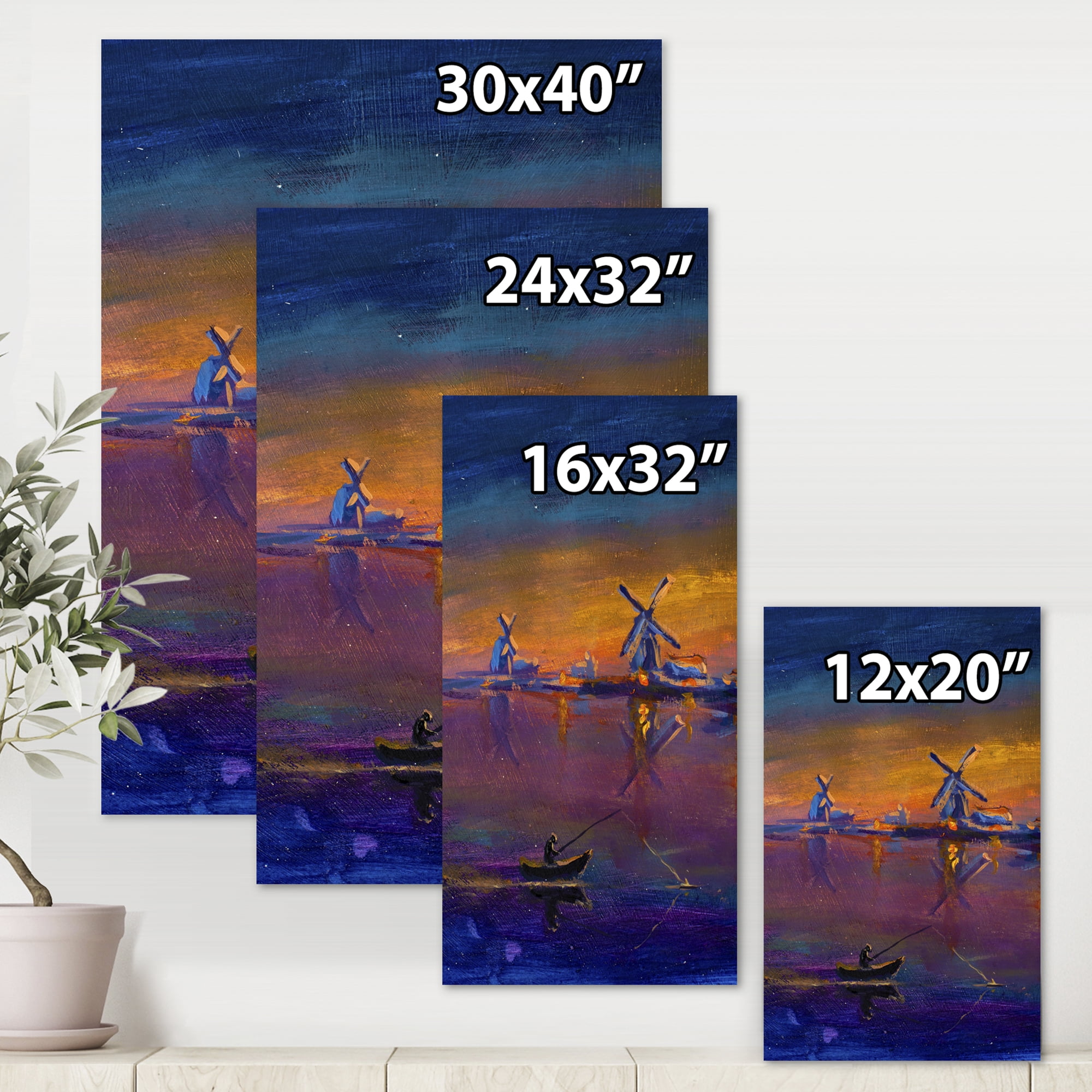 Evening Fishing Near The Traditional Windmill 8 in x 12 in Painting Canvas Art Print, by Designart
