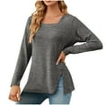 thumbnail image 3 of HVOBTTY Womens Long Sleeve Pullover T Shirt, Fall Tops for Women, Women's Casual Fashion Solid Color Loose Square Neck Button Split Hem Daily Wear Top Dark Gray, M, 3 of 5