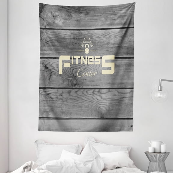 Fitness Tapestry, Fitness Club on Wooden Planks Backdrop Aerobics Energy Training Print, Wall Hanging for Bedroom Living Room Dorm Decor, 60W X 80L Inches, Pale Yellow Black Grey, by Ambesonne