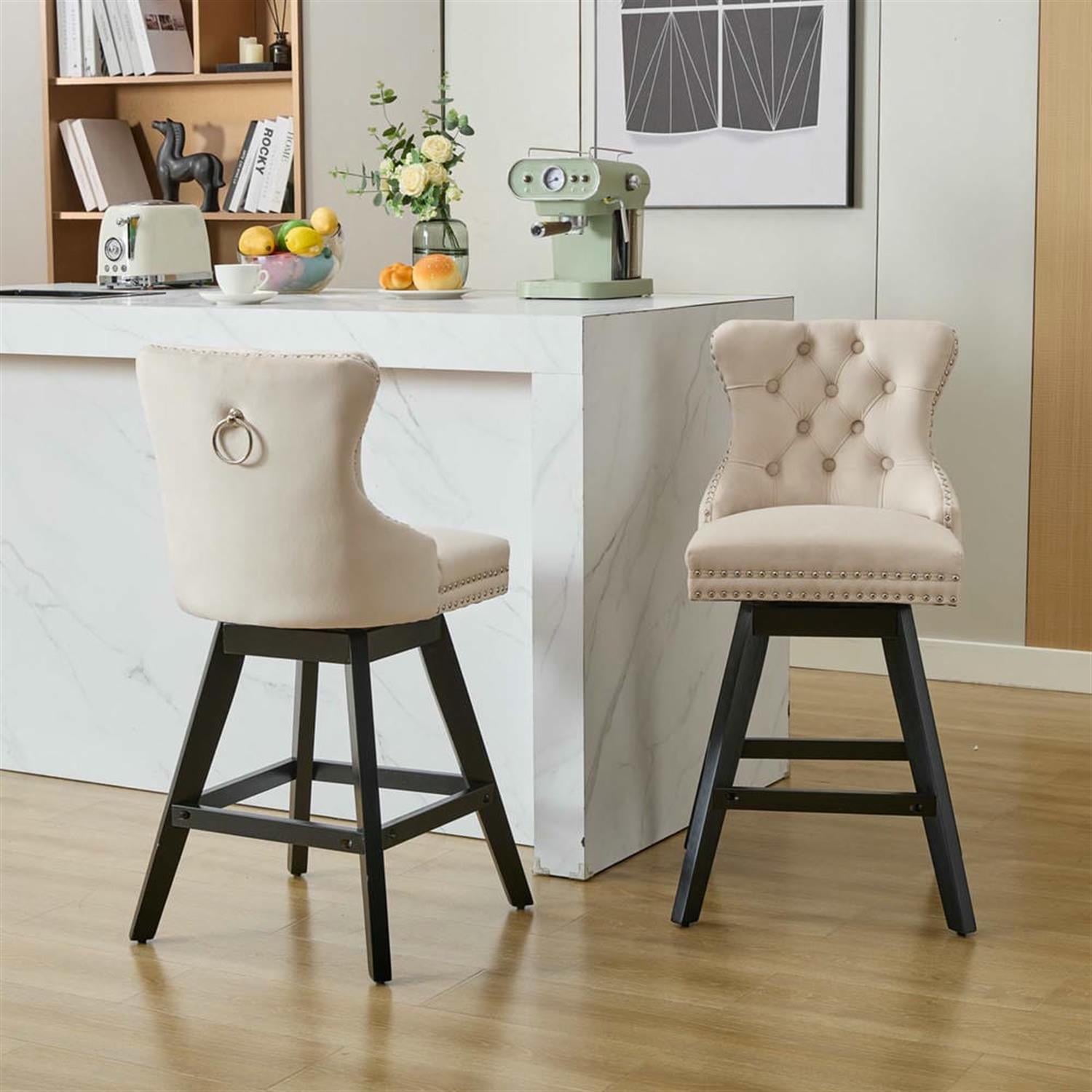 Demi Bonn 38" Counter Height Bar Stools Set of 2, Velvet Swivel Barstools with Button Tufted Back, Kitchen Island Countertop Chairs for Dining Room, Beige