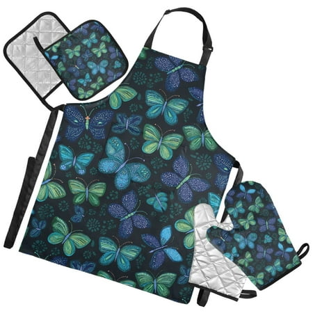 Ryvnso Magic Butterfly Green Kitchen Apron Oven Mitts Set Pot Holders