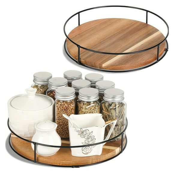 360-Degree Rotating Wooden Tray Smooth Edge Burr Free Non-Slip Design Rustic Style Dining Table Pantry Organizer Serving Tray