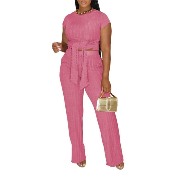 Women's Summer 2 Piece Outfits Lounge Sets Short Sleeve Belted Crop Tops Wide Leg Pant Sets Casual Tracksuit Pink L