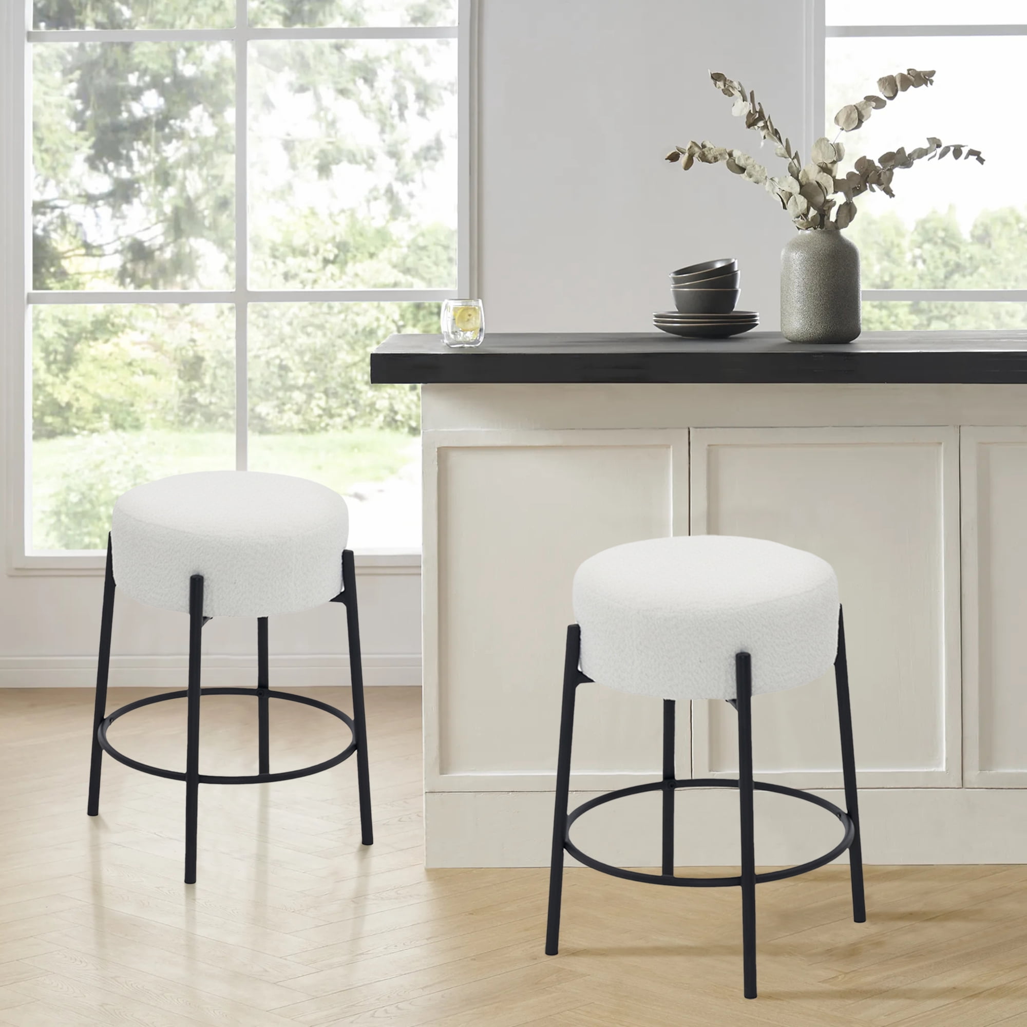 Miniyam Counter Height Bar Stools Set of 2,Boucle Kitchen Stools Upholstered Dining Chair Stools 24 Inch Height,White+Black
