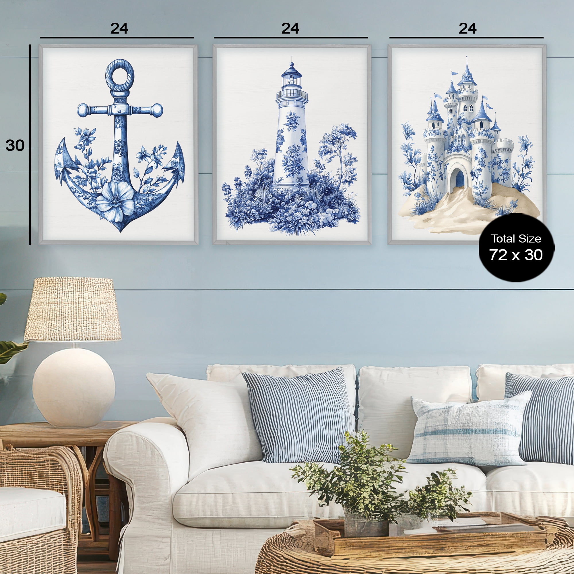 Ornate Nautical Toile Patterns 3 Piece Gray Framed Giclee Art Set, design by Lettered and Lined