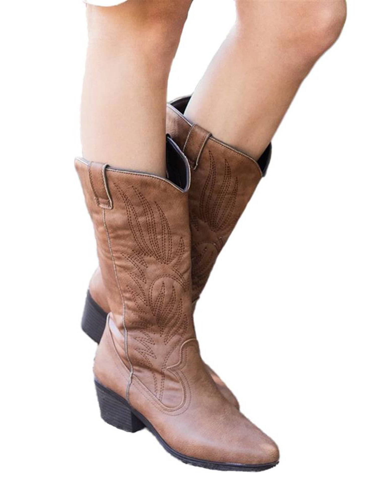 Qupid Women's Bootie Western Boot Burnished Ankle Faux Wooden High Heel Block 