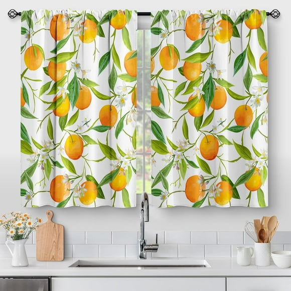 Orange Leaves Fruit Kitchen Curtains - Nature Cafe Farmhouse Small Short Tier Window Curtains for Bathroom Living Dining Room Decor Rod Pocket Window Drapes 36 Inch Length Set 28"x36"