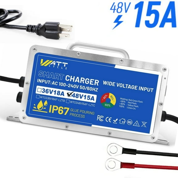 WattCycle 48V 15A LiFePO4 Lithium Battery Charger for 48V Golf Cart Battery Professional, Aluminum Shell