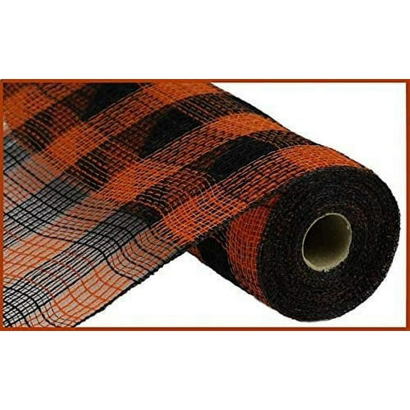 Small Check/Faux Jute Deco Mesh, 10.5 Inch x 10 Yards Orange, Black
