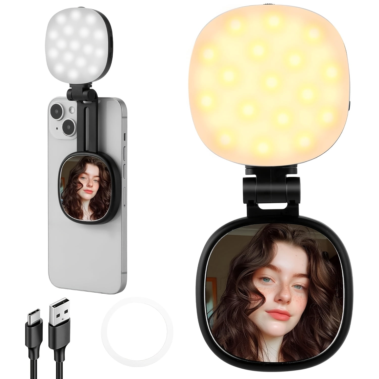 3 in-1 Magnetic Mirror Selfie Light 360° LED Ring Light and Phone Stand, Portable Rechargeable 270° Tilt Fill Light for Selfie, Christmas Makeup, Vlogs, Live Streaming, Video Calls