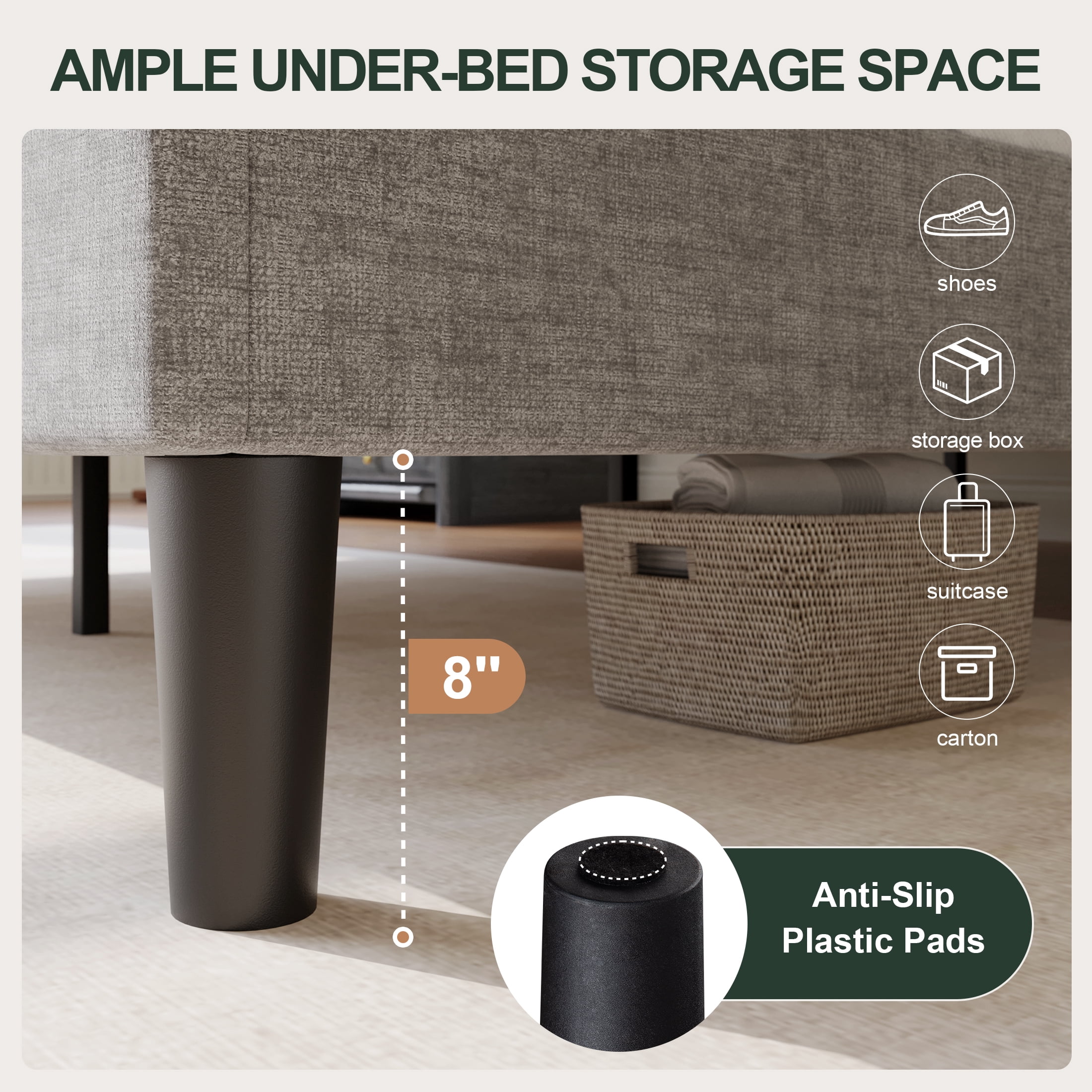 Amolife King Bed Frame, Upholstered Platform Bed with Streamlined Adjustable Headboard, No Box Spring Required, Grey, Chenille Fabric