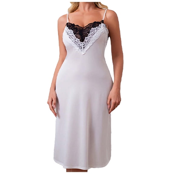 JSGEK Women Contrast Lace Trim Spaghetti Strap Chemise Dress Satin Fabric Nightwear Lingerie Set White S