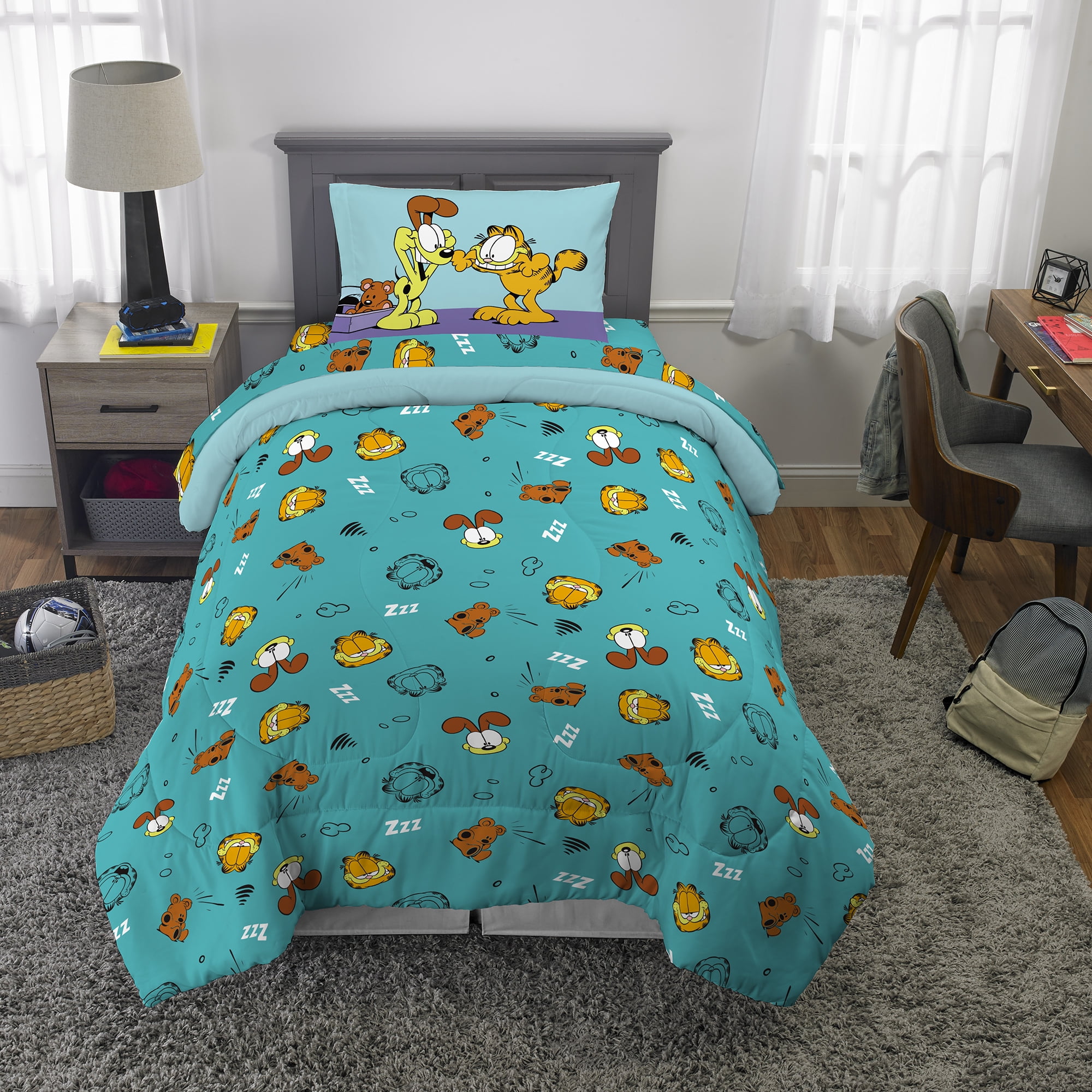 Garfield Kids 4 Piece Teal Blue Orange Reversible Comforter, Bed in a Bag, Twin