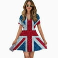 thumbnail image 2 of Glittery Union Jack Flag Women Dress V-Neck Short Sleeve Flowy Swing Party Midi Dress, 2 of 4