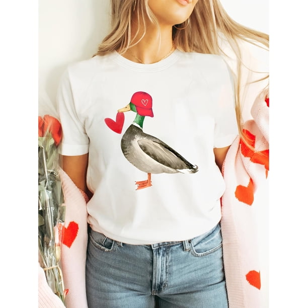 Valentine's Day Duck Graphic Print T-Shirt, Women's Casual Crew Neck Short Sleeve Top, Knit Fabric, Camisetas para mujer, lindas camisetas con estampado gráfico, de manga corta, estilo casual, para ve