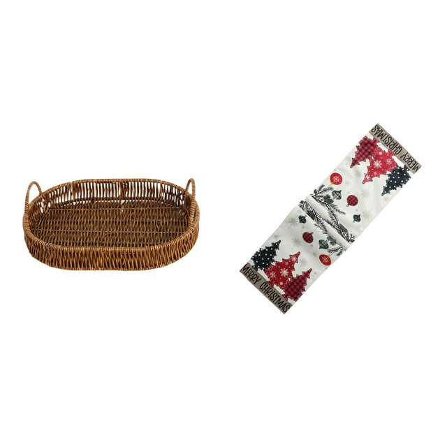 Bandeja de almacenamiento tejida a mano,Bandeja para servir de ratán tejido a mano con asa,Camino de mesa navideño,Camino de mesa navideño de temporada para cocina de invierno,Decoración de