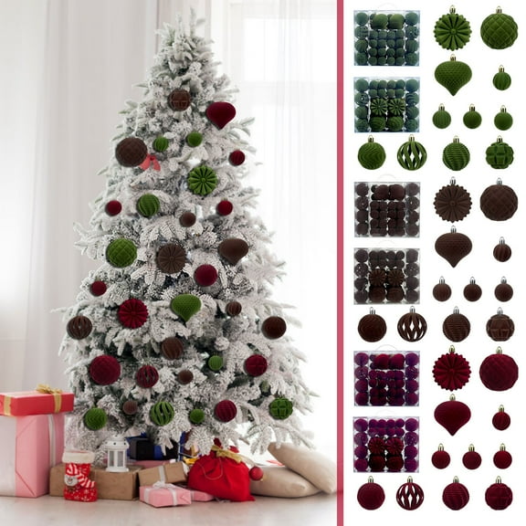 Skegnu 48Pcs Velvet Christmas Balls Ornaments ! Flocked Christmas Tree Ornaments Plastic Balls Xmas Decorative Hanging Ornaments Christmas Tree Decoration